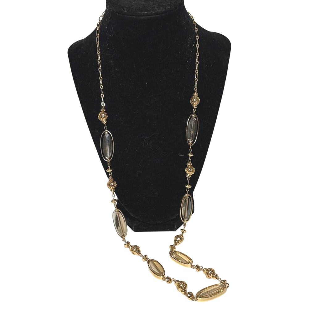Charming Charlie Statement Necklace Gold Tone Filigree Lucite 33”